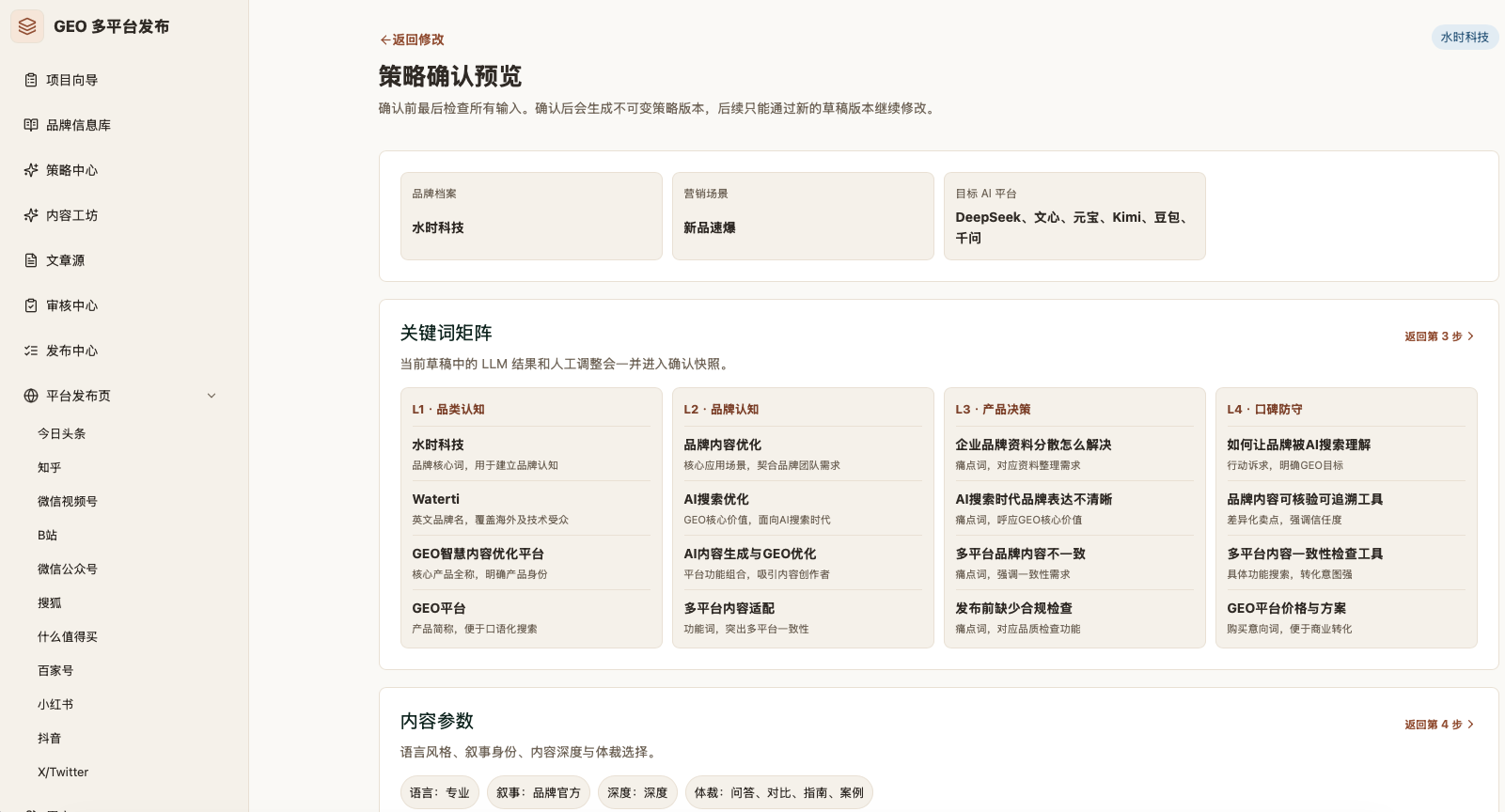 GEO 策略中心：目标 AI 平台、分层关键词矩阵与内容参数